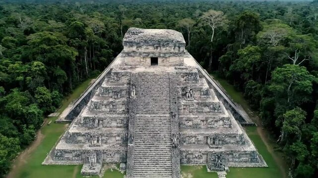 An aerial view captures the majestic mayan pyramid rising from the dense jungle, a testament to ancient civilization