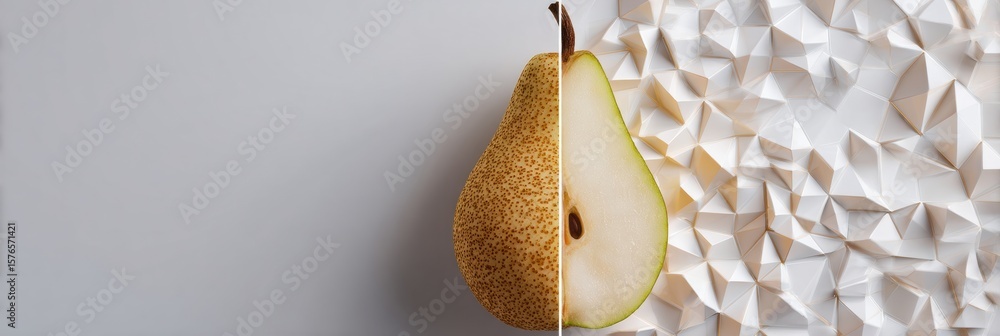 Poster abstract pear slice transformed into geometric tiles with a clean right zone for modern visual appea