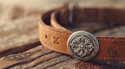 Close-up of a cowboy's leather belt and silver buckle, rugged textures, 