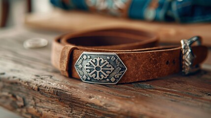 Close-up of a cowboy's leather belt and silver buckle, rugged textures, 