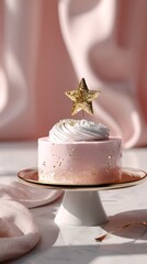 Fototapeta premium Delightful Pink Cake With Gold Star Decoration on a White Pedestal During a Sunny Afternoon