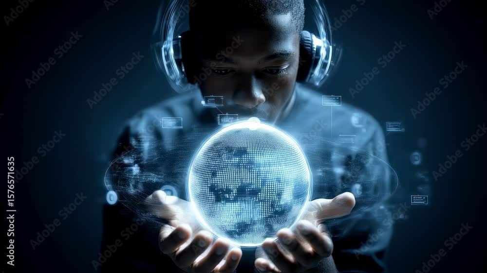 Poster a person donning headphones cradles a glowing globe representing universal tech assistance. the back