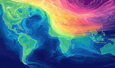 A vibrant rainbowcolored weather pattern swirls across a global map of the earth