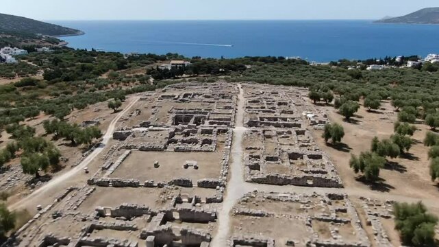 Aerial view of the minoan palace of malia, an archaeological site on the island of crete, greece