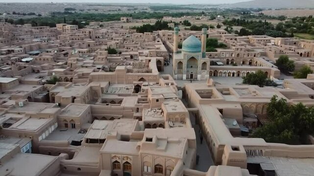 An aerial view captures the historic city of yazd, iran, showcasing its unique islamic architecture and ancient cultural heritage in the middle east
