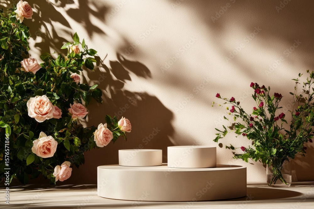Poster elegant display of natural elements with soft roses and neutral textures in a tranquil setting