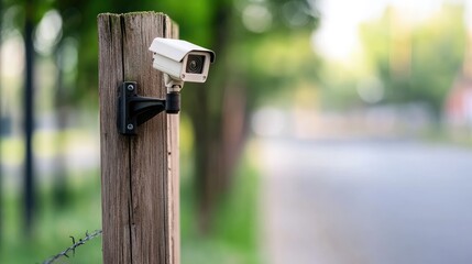 Outdoor security camera on wooden post