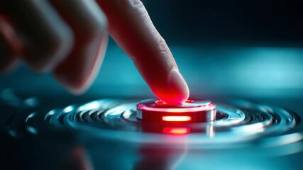 Finger pressing glowing red button futuristic technology interface with blue light reflection, illuminated red button, modern control panel, digital innovation, close up, dramatic mood, human - Powered by Adobe