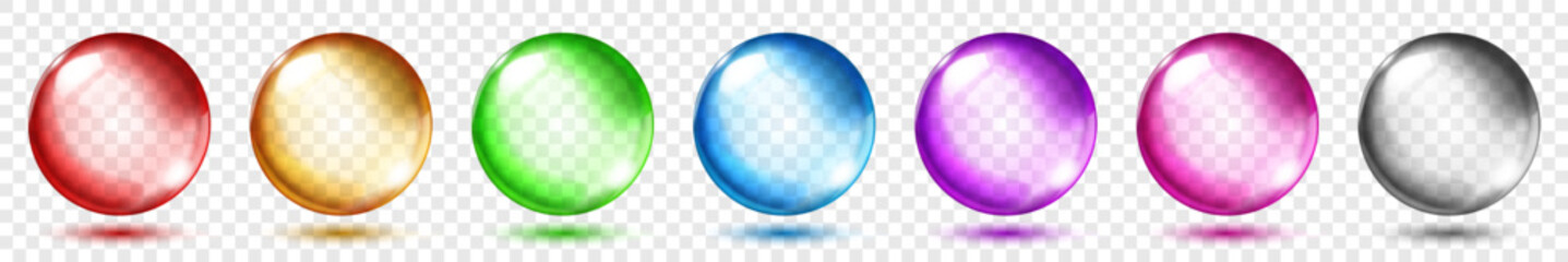 Set of translucent spheres of different colors with highlights and shadows on transparent background, vector illustration for design projects and creating creative works.