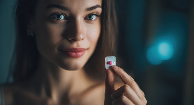 Young woman holding a single pink pill in blister pack, representing birth control or emergency contraception with copy space for messaging.