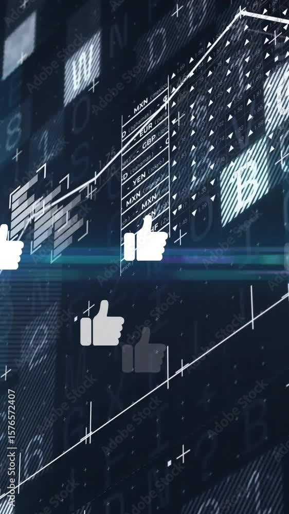Poster animation of like icons over data processing on black background