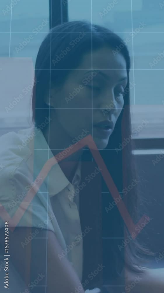 Poster animation of financial data processing over diverse colleagues discussing work in office