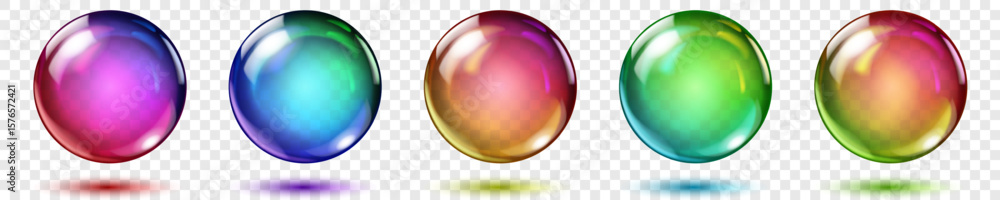 Wall mural set of translucent spheres of rainbow colors with highlights and shadows on transparent background, 