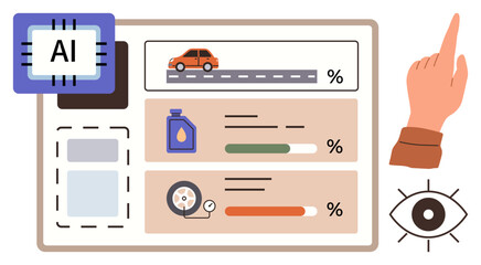 Digital dashboard showing car metrics thumbs up oil level, tire condition, and vehicle distance, accompanied by AI chip, hand gesture, and eye. Ideal for technology, automotive, monitoring