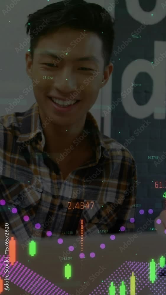 Poster animation of data processing over diverse colleagues talking in office