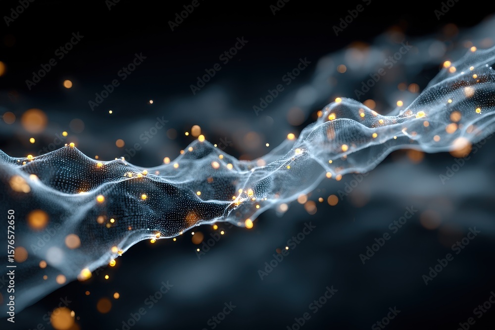 Poster digital network mesh structure flowing with glowing particles on dark background