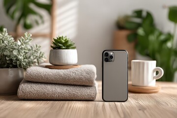Still life of modern bathroom decor with smartphone on light wood surface, featuring two towels and potted plants