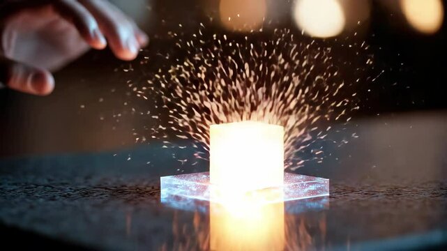 Glowing cube emits bright sparks reflective surface as hand reaches towards light, magic and mysterious warm illumination, creative energy, futuristic concept, digital display, technology innovation