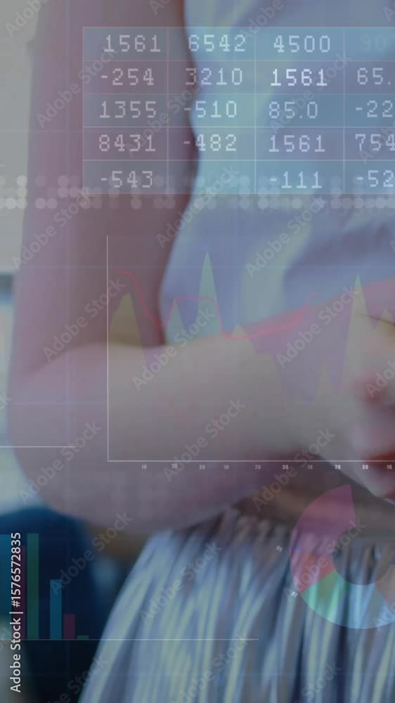 Poster animation of diagrams and data processing over caucasian businesswoman using smartphone