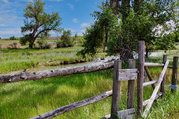 Fototapeta premium Old Wooden Fence near the Horse Corrals on the Laramie River, Fort Laramie National Historic Site in Wyoming.