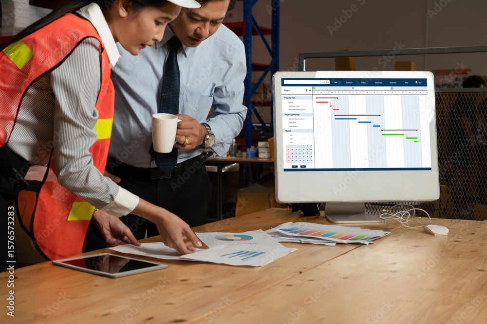 Poster project planning software for modish business project management on the computer screen showing time