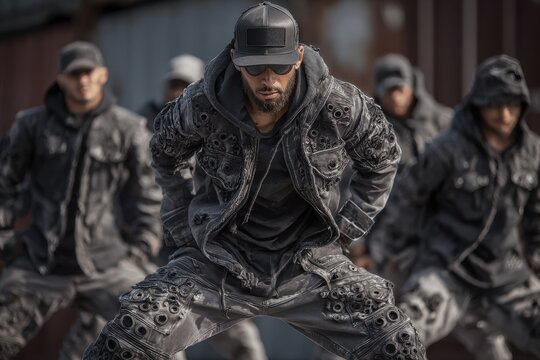 Man in hooded jacket performs acrobatic street dance move with Doha skyscrapers in background on sunny afternoon