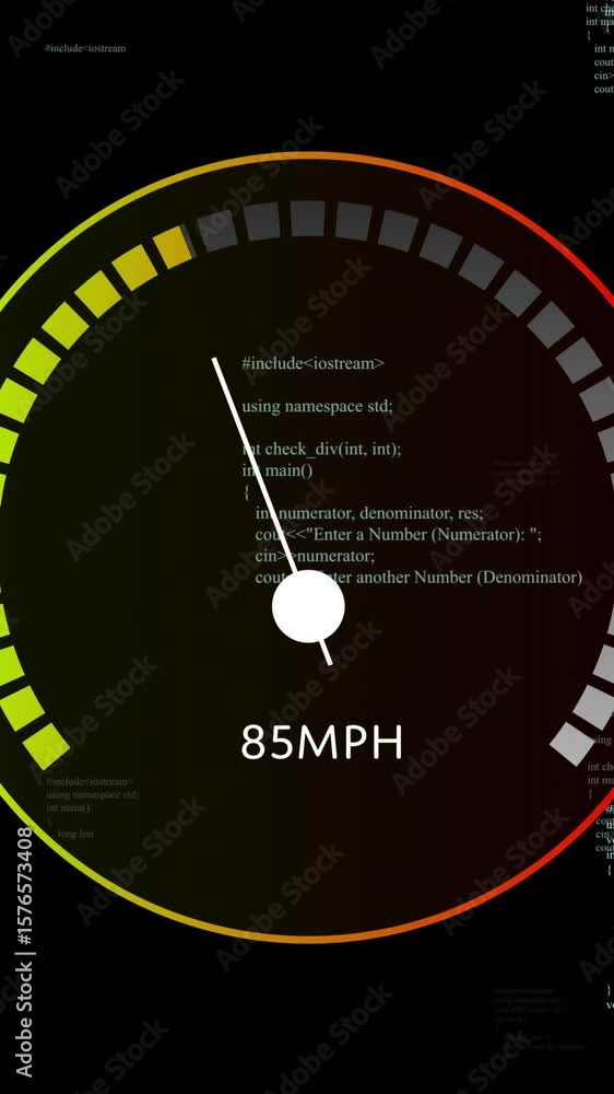 Poster animation of digital data processing over speedometer on black background
