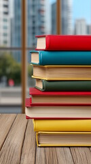 Stack of colorful books in various hues, arranged neatly on a wooden table, with a blurred urban background, inspiring concept of education or learning resources
