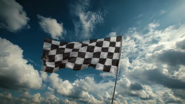 Waving checkered flag in the wind against a backdrop of dramatic, cloudy sky, symbolizing victory, achievement, and the exhilarating spirit of racing competition