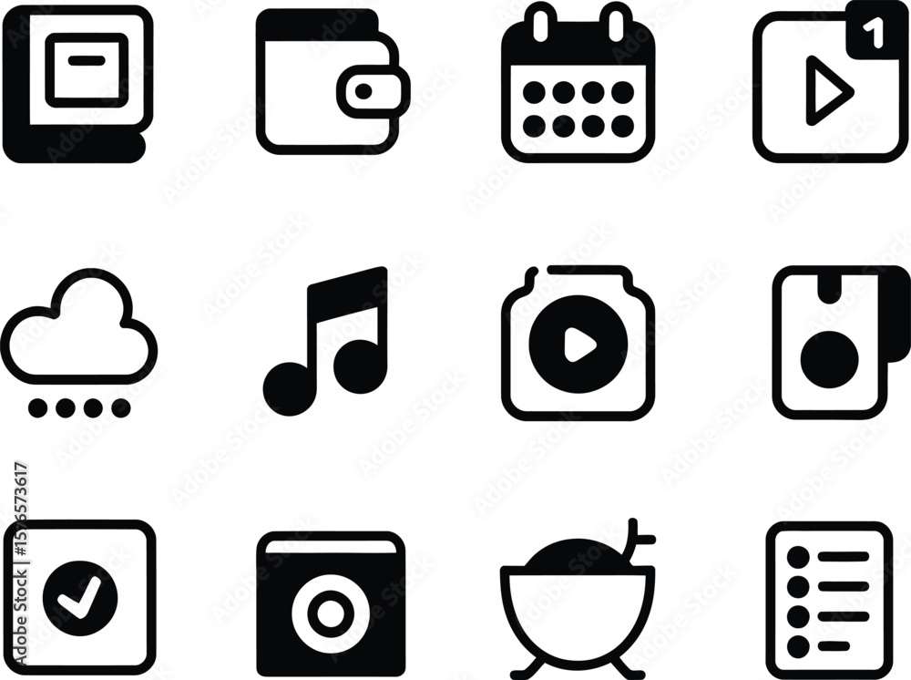 Poster collection of twelve modern black and white simple icons representing various digital functions
