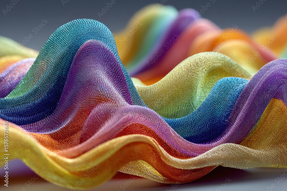 Poster colorful and textured net fabric folds creating a soft, vibrant, and flowing abstract design close-u