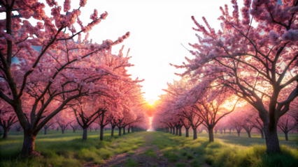 Cherry Blossom Tree Lined Path at Sunset on Transparent Background