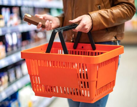 Woman holding shopping basket with chocolate bar