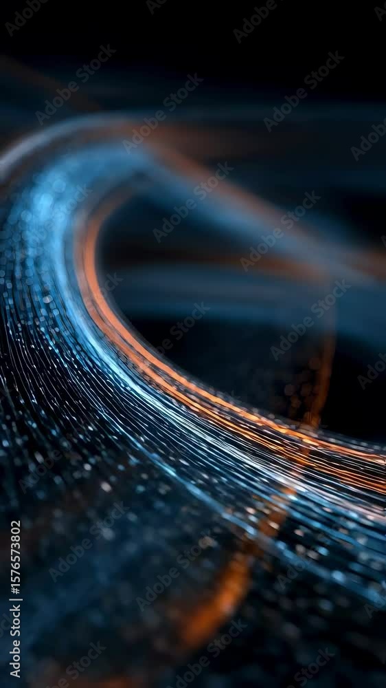 Poster digital stream of luminous particles flowing in cyberspace, forming a curved shape with orange and b