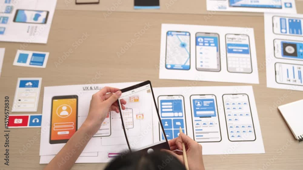 Poster top view video of startup company ui or ux developer joining hand over user interface prototype for 