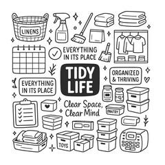 Hand-Drawn Illustration of Tidy Life and Clear Space - Set of Doodle Art for Organization and Cleaning