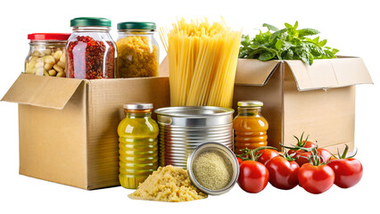 Food Bank Donation Box with Essentials on Transparent Background collection