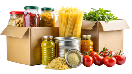 Food Bank Donation Box with Essentials on Transparent Background collection
