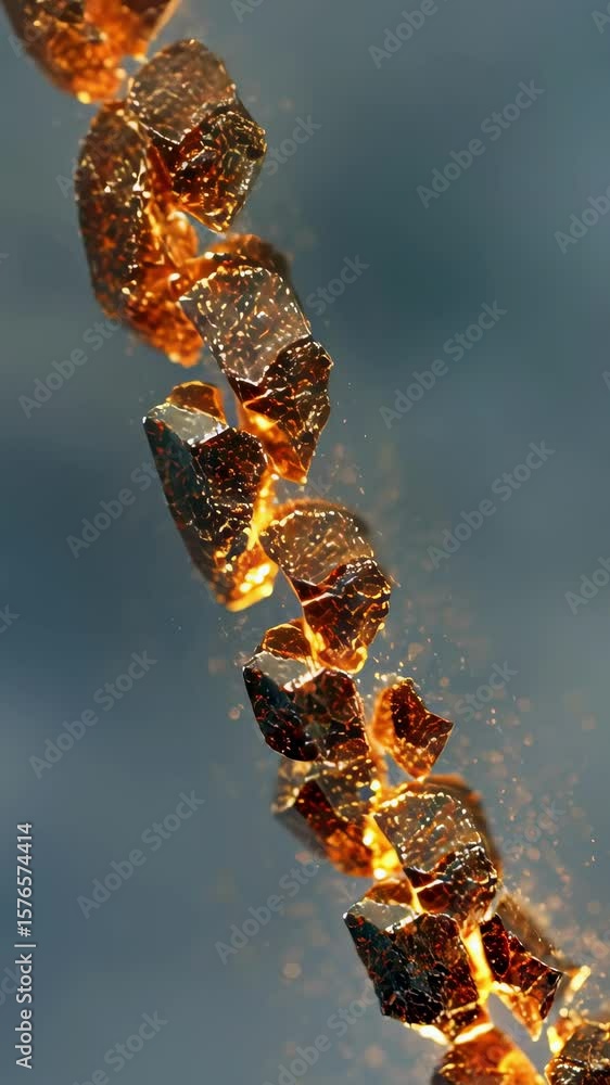 Poster glowing fragments of golden nuggets energetically burst, scattering shimmering particles across a re