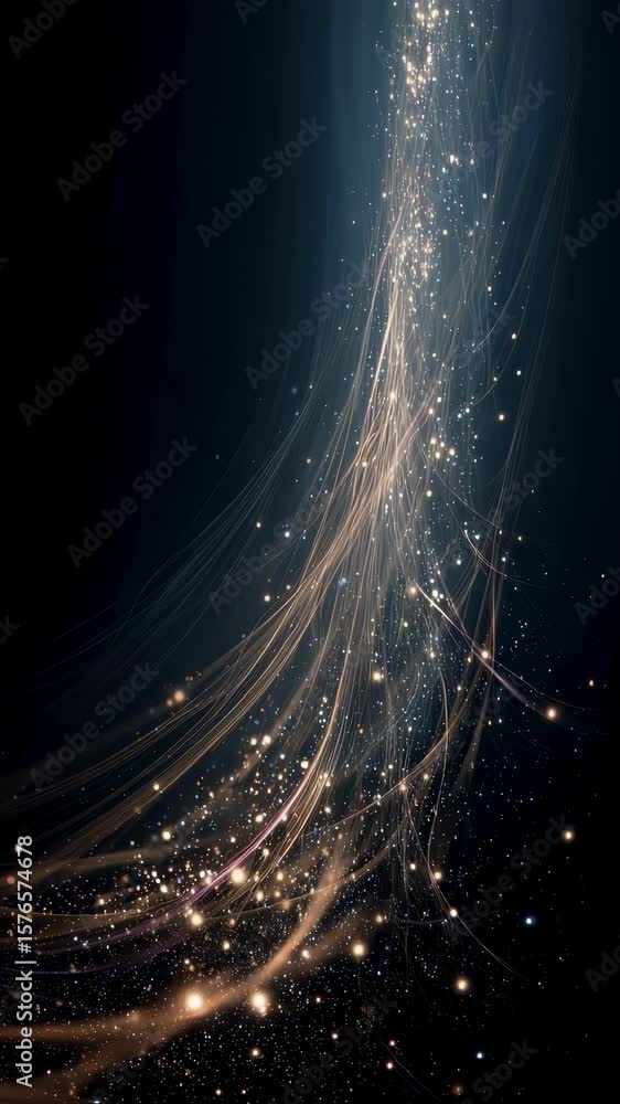 Poster golden particles are gently rising on a dark background, creating a mesmerizing and elegant visual e