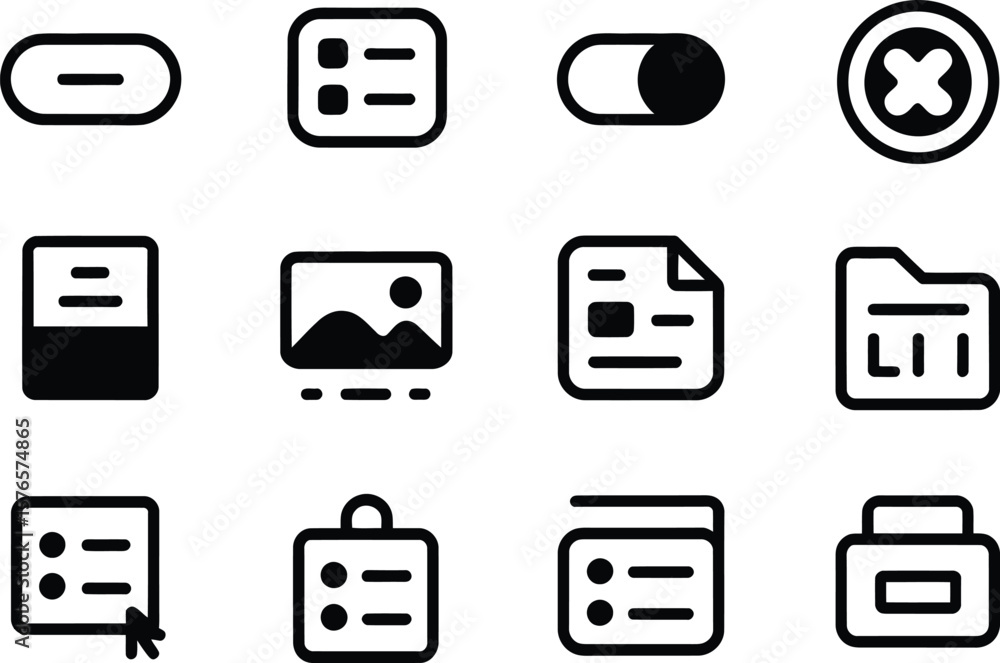 Poster collection of twelve simple black and white icons representing various digital functions and actions