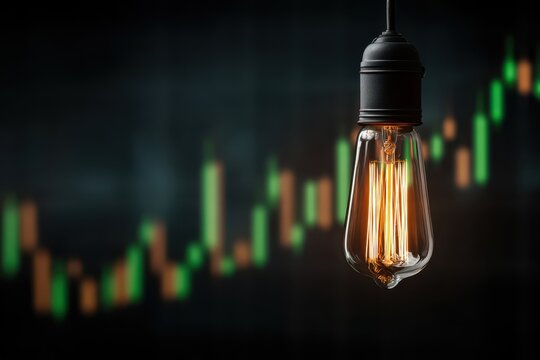 Wind turbines and stock chart overlayed on miniature green forest symbolizing renewable energy investment - Powered by Adobe