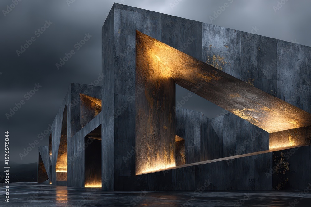 Poster exploring minimalist architecture interior space with textured walls and subtle golden light accents