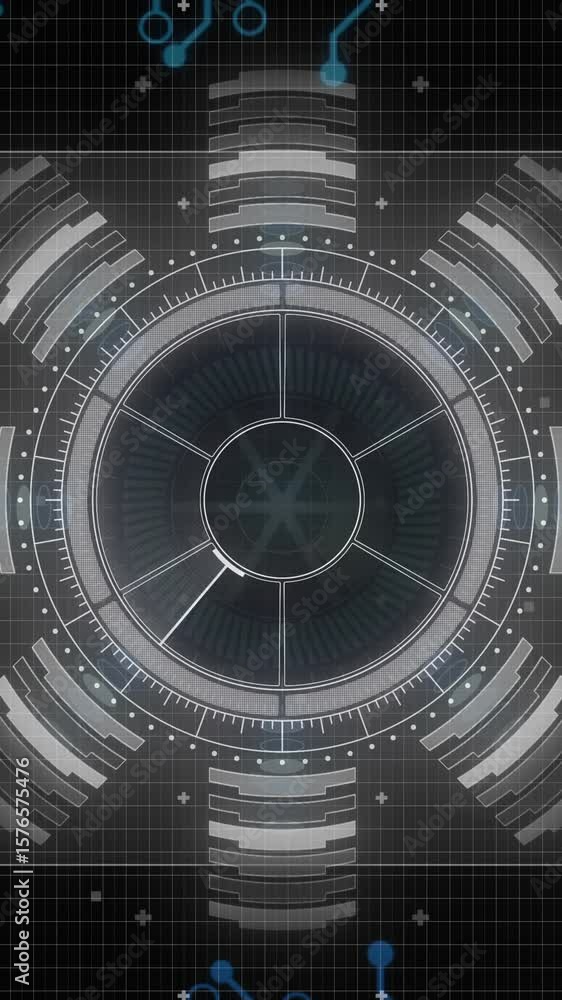 Poster futuristic data processing animation over digital interface with charts and graphs