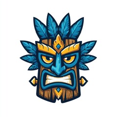 Fototapeta premium A fierce tiki mask with blue feathers and gold accents