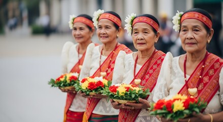 Filipino elders in traditional attire holding floral offerings, symbolizing cultural heritage and festive celebration