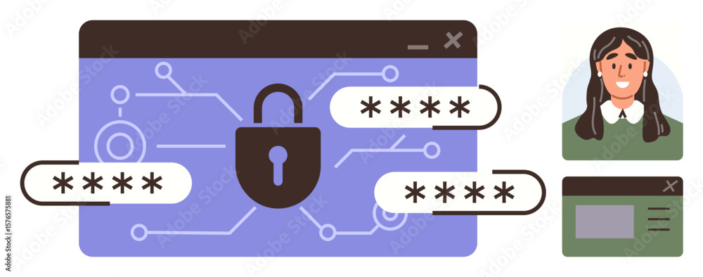 Poster lock icon with password fields, circuit lines, browser window, and user profile. ideal for cybersecu