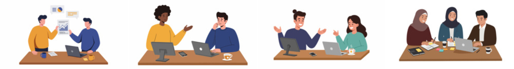 Four-panel illustration of modern office collaboration with diverse professionals in a warm, earthy color palette