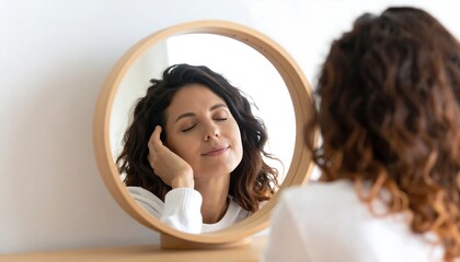 Woman looking at herself in a round mirror