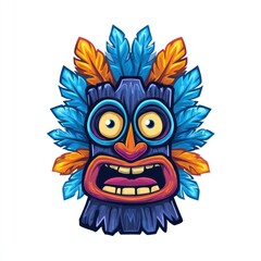 Fototapeta premium A vibrant tiki mask with blue and orange feathers, shouts with surprise